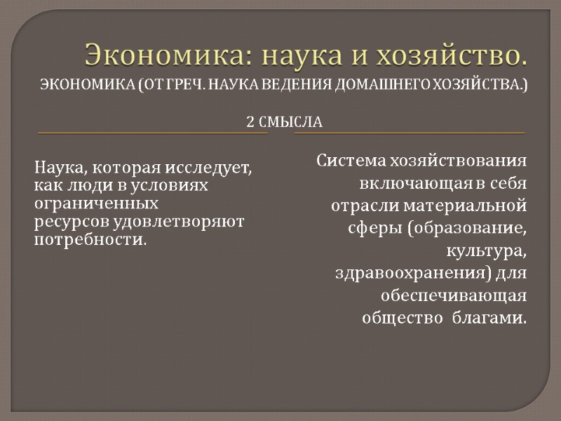 Экономика (от греч. Наука ведения домашнего хозяйства.)  2 смысла    